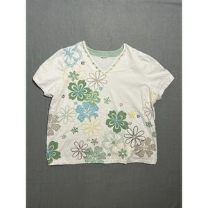 Women's White Floral V-Neck T-Shirt Green Gingham Trim Sequin Accents Size 2XL